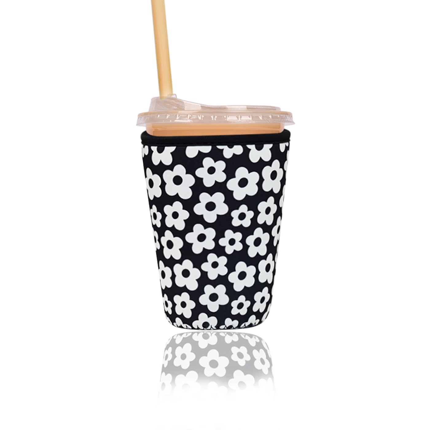 Reusable Insulated Sleeve for Iced Coffee Cup, Coffee Neoprene Sleeve for Cold &amp; Hot Drinks, Beverage Holder for Iced Coffee (Black Florals, Small: 16-18oz)