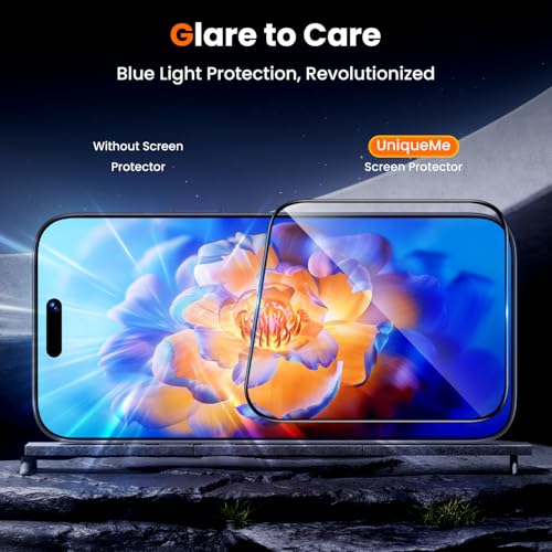 Image of UniqueMe for iPhone 17 Pro Blue Light Blocking Screen Protector, 2 Pack | 6.3 inch, Anti-blue Light, Eye Protection, Bubble-Free, Tempered Glass, 9H+ Hardness, 3D Full-coverage, Easy Installation