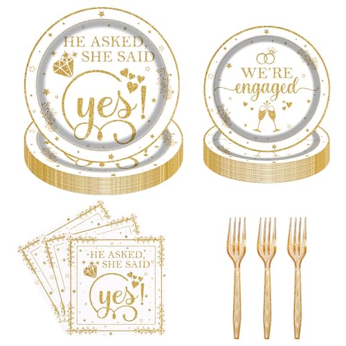 Tcoyodw Happy Engagement Party Tableware Set 96 Pcs Engagement Disposable Plates Napkins Forks She Said Yes Wedding Bridal Shower Decorations Serve 24 Guests