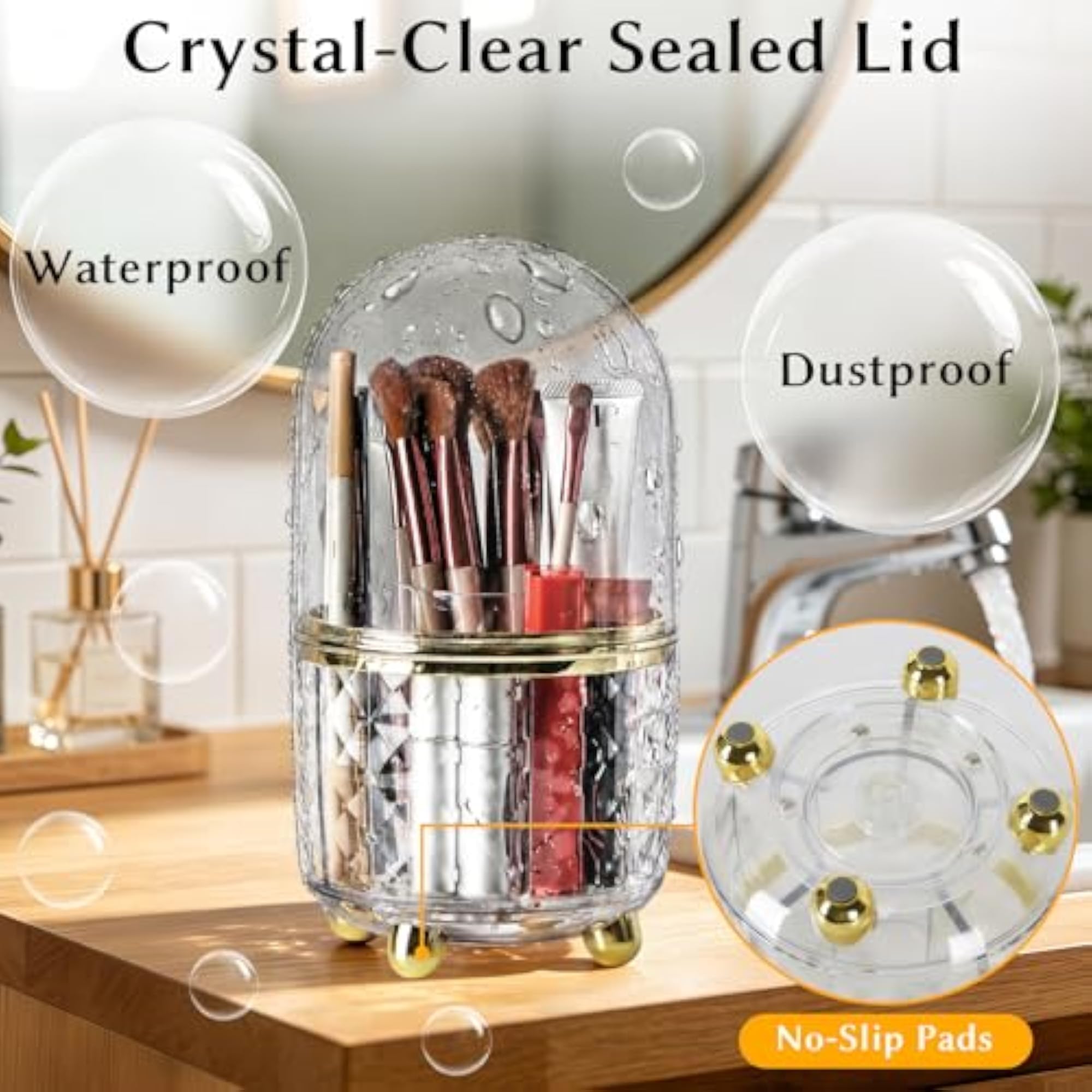 360° Rotating Makeup Brush Holder Organizer, Gold