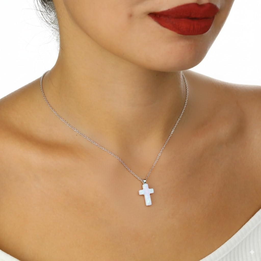 White Opal Cross Necklace, Elegant Sterling Silver Adjustable Chain Religious Jewelry, Meaningful Gift for Spiritual Celebrations - Image 2