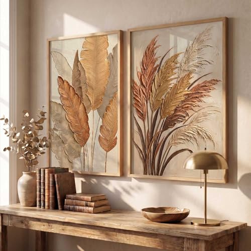 Image of kotart Golden Leaf Art Wall Painting Home Decoration With Frame For Living Room Bed Room Hotel Wall Decor Digital Reprint Engineered Wood Set of 2 (14 X 20 INCH)