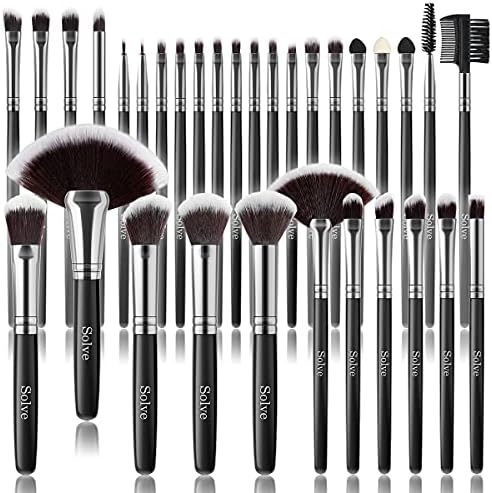 Makeup Brush Set, SOLVE 32 Pieces Professional Makeup Brushes Wooden Handle Cosmetics Brushes Foundation Concealer Powder Face Eye Make up Brushes Kit, Black