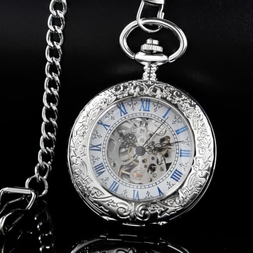 Image of Mens Pocket Watch Skeleton Mechanical Hand Winding Half Hunter Silver Black Golden Case Roman Numerals with Gift Box