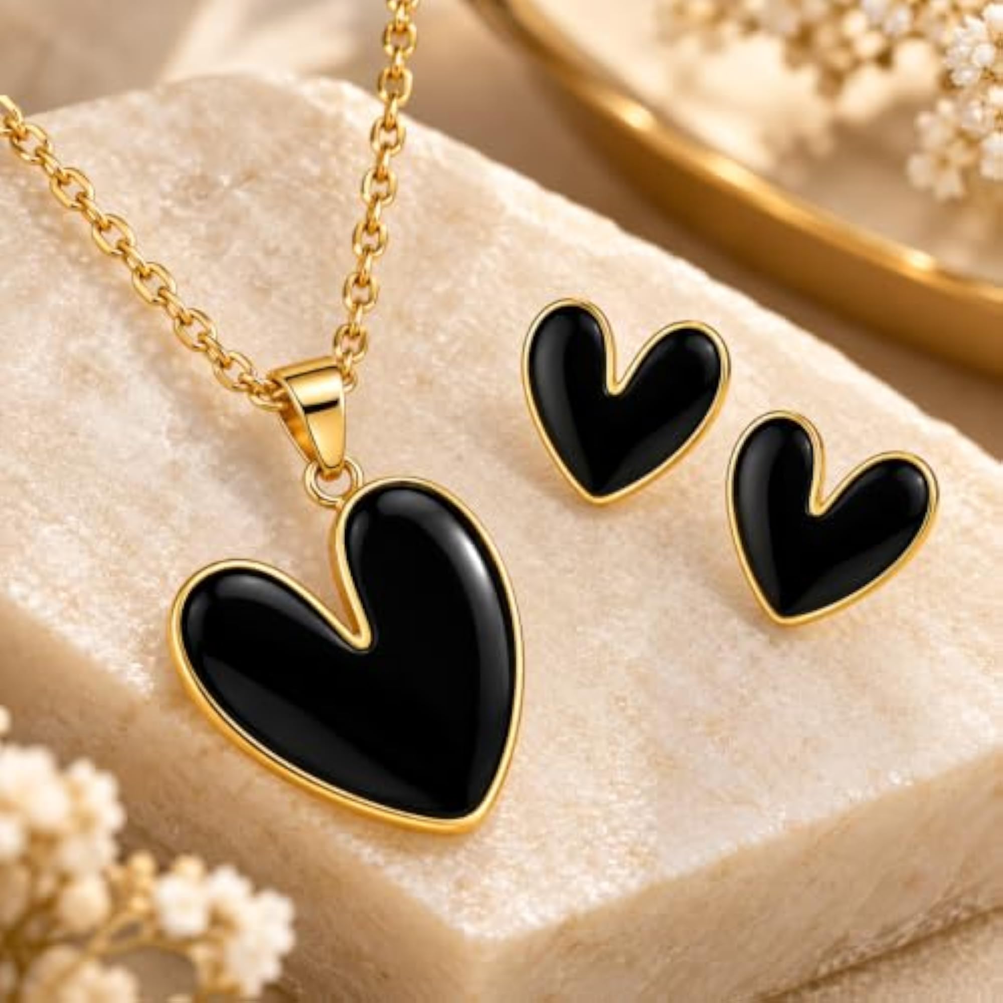Black Enamel Heart Pendant Necklace and Stud Earrings Set