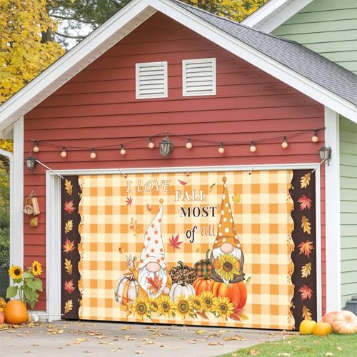 I Love Garage Door Banner Cover Fall Most of All Autumn Gnome Pumpkin Leaf Orange Plaid Hanging Garage Door Decorations Thanksgiving Holiday Party Backdrop Decor for Wall House Decor 7x8 ft