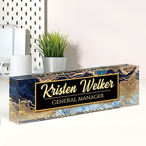 Image of Name Plate for Desk, Desk Name Plate Personalized, Office Decor for Women Men, Acrylic Desktop Accessories, Office Appreciation Gifts for Boss Social Workers Nurse Teacher Employee (Blue /Gold)