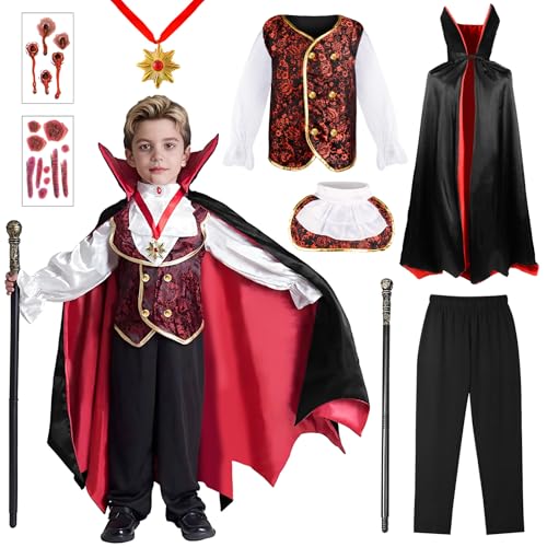 BITOYO Disfraz Vampiro Niño, Disfraz Halloween Niños con Disfraces Vampiro y Bastón de Vampira Dentadura, Carnaval Vampire Niño, Disfrazs Vampire Infants para Halloween Dracula Cosplay