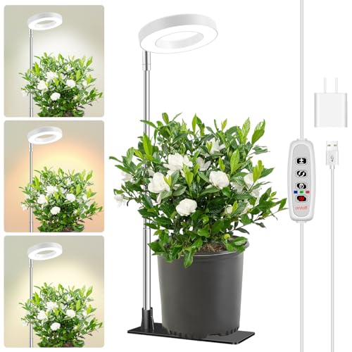 Image of Aokrean Halo Grow Lights with Base for Indoor Plants Growing, Full Spectrum | 48 LEDs White 1-Pack, 2 Installation Ways, 6.5-26 in Height Adjustable, 3 Lighting Modes, Auto Timer 3 /9 /12Hrs, 10 Brightness