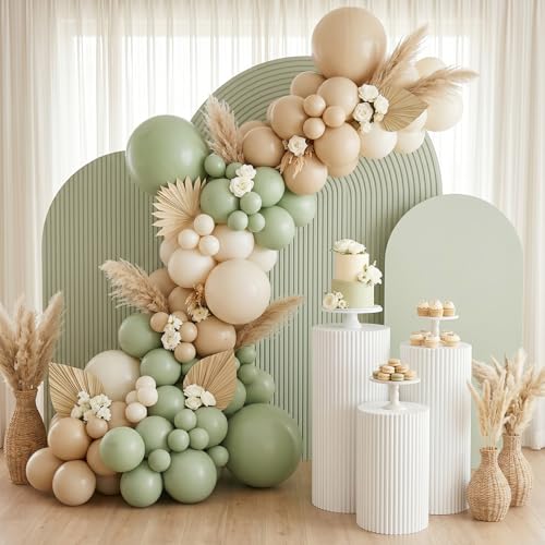 Image of RUBFAC 135pcs Dusty Green Balloons Different Sizes Pack of 18 12 10 5 Inch, Latex Boho Sage Green Balloon Garland Arch Kit for Wedding Dinosaur Jungle Safari Birthday Party Decorations