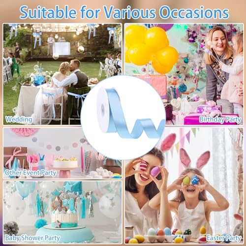 Image of woric Blue Ribbon 1 Inch 50 Yards Light Baby Blue Satin Ribbon Blue Hair Bows for Beach Wedding Balloon Wreaths Summer Party Decoration Baby Boy Shower Ribbons