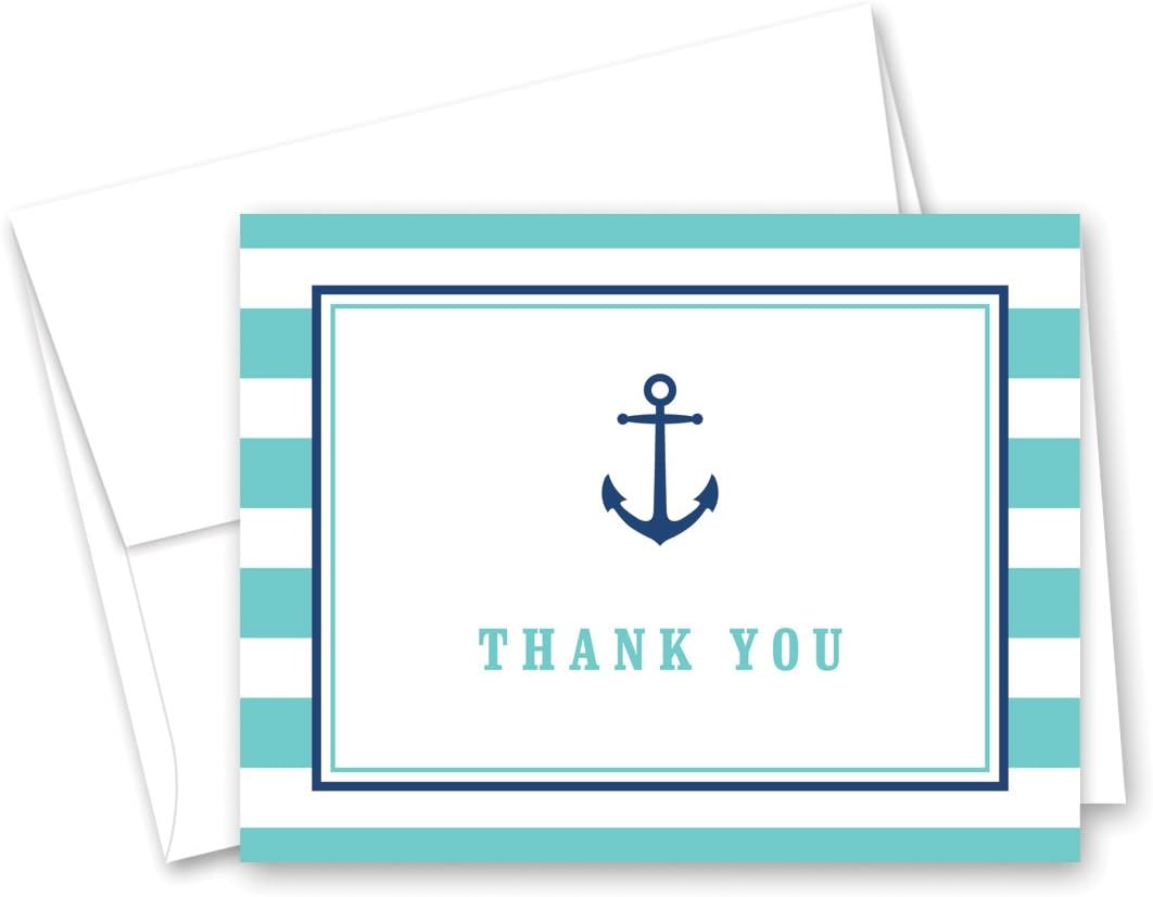 MyExpression.com 50 Cnt Turquoise Stripes Navy Anchor Nautical Thank You Cards
