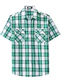 JOGAL Mens Plaid Button Down Shirts Mens Short Sleeve Western Shirts Two Pocket Regular Fit Mens Button Up Casual Shirts White Green Large