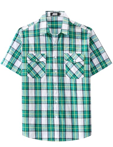 JOGAL Mens Plaid Button Down Shirts Mens Short Sleeve Western Shirts Two Pocket Regular Fit Mens Button Up Casual Shirts White Green Large