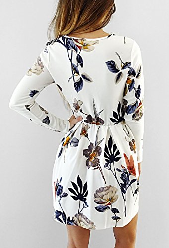 Angashion Womens Dresses Casual Floral Print Long Sleeve Swing Pleated Skater A Line Mini Dress,White,Small