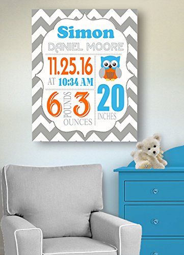 Personalized Stretched Canvas Birth Announcement Gift, Custom Baby Name, Date, Weight Stats, Newborn Nursery Owl Wall Art Decor, Wooden Frame Construction, Ready to Hang 16X20