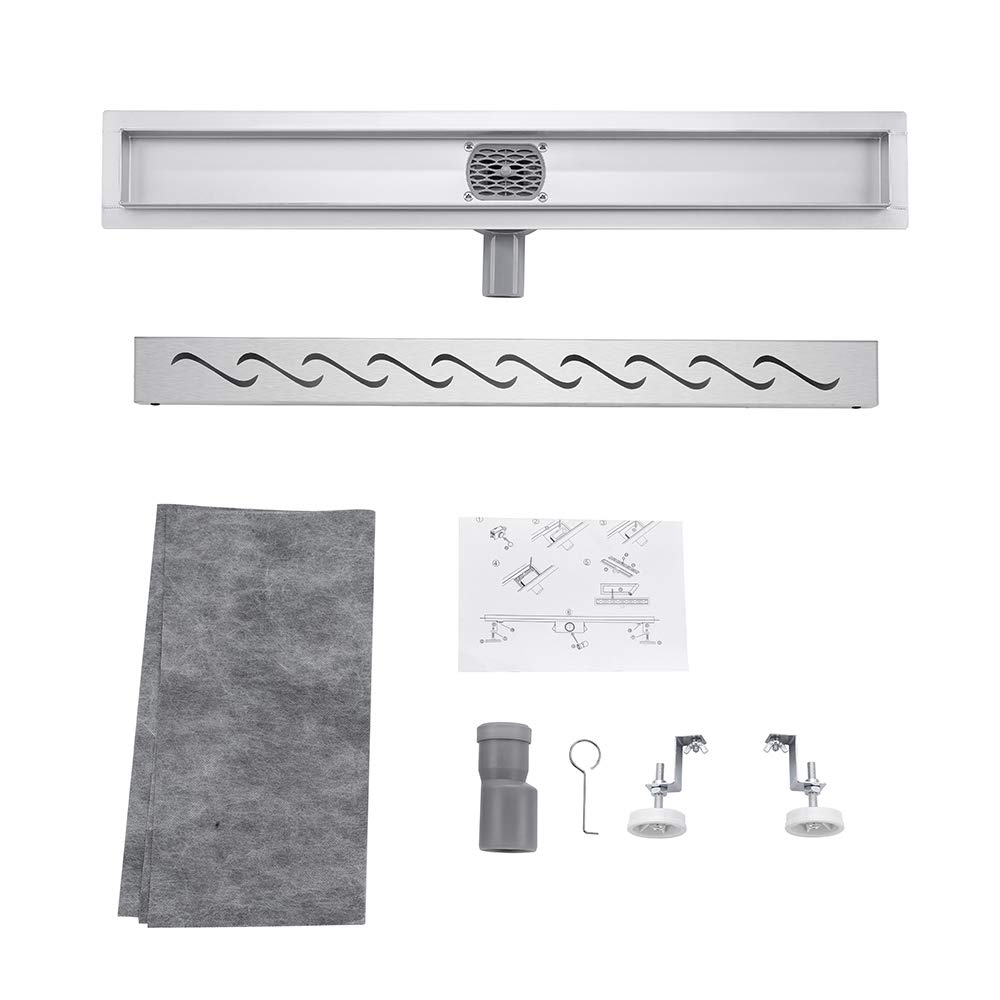 Caniveau pour Douche Siphon Sol d'évacuation en Acier Inoxydable Plancher de Douche de Salle de Bains Rectangle, 360° sortie d'eau, 60cm