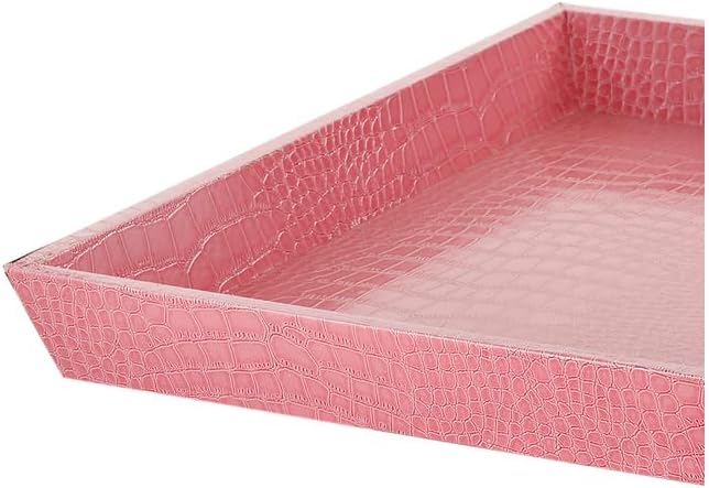 HomeStock French Flair 17.7" Decorative Serving Tray Leatherette Upholstery Pink Faux Leather Square Raised Sides Textured Surface Elegant Look