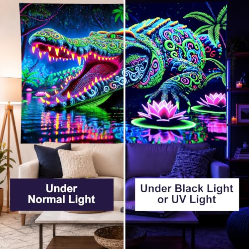 Image of BlissYard Blacklight Tapestry 78x59 Inch Neon Alligator Wall Hanging Glow in the Dark Trippy Jungle Blacklight Tapestry for Game Room Bedroom Lounge Dorm Wall Decor Psychedelic Poster