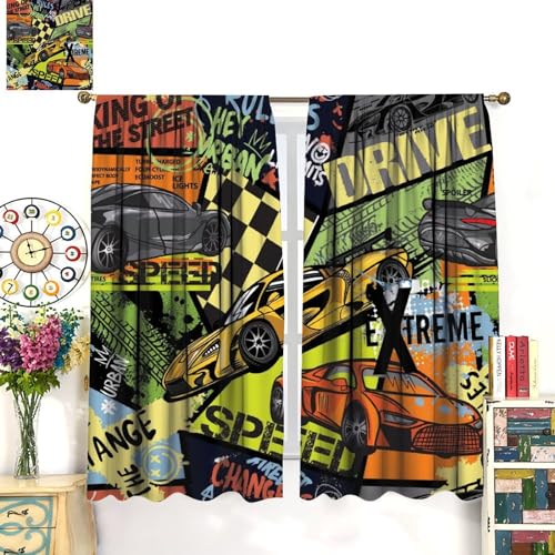 Cartoon Racing Car Blackout Curtains for Girls Boys Kids Teens Home Decor, Colorful Cool Vehicle Rod Pocket Thermal Insulated Drapes Window Curtain for Bedroom Living Room 42\"\" W X 45\"\" L, Style-3