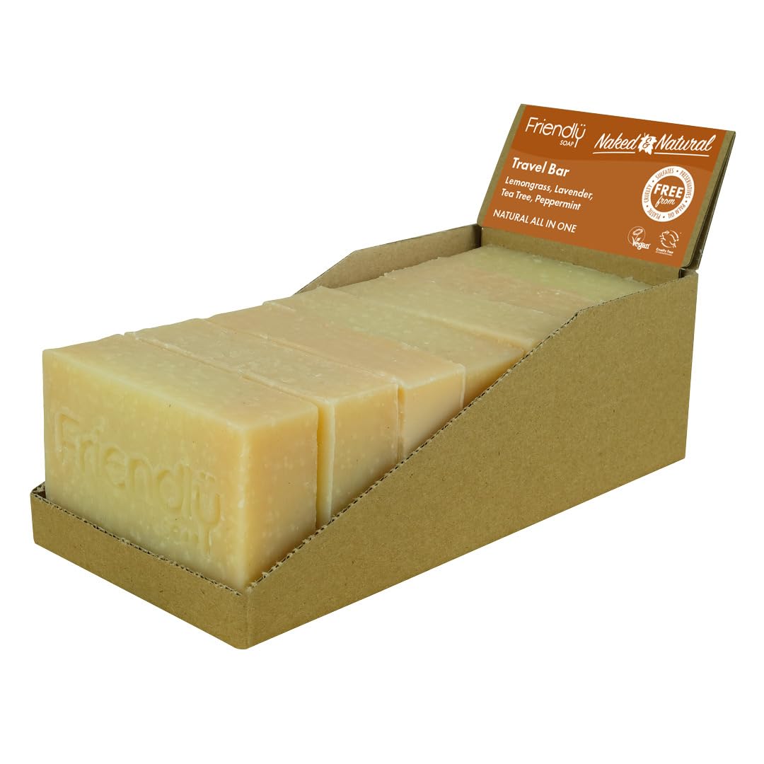 Friendly Soap - Naked & Natural Travel Bar, Lemongrass, Lavender, Tea Tree & Peppermint (7 x 95g), All-In-One, Plant-Based, Cruelty-Free, Made By Hand, No Preservatives or Sulphates, Sustainable