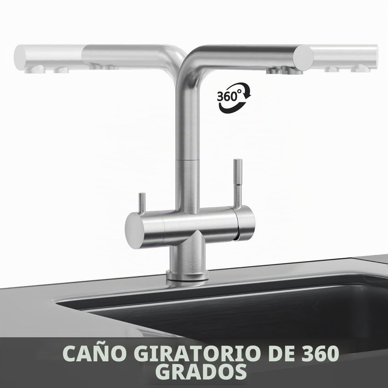 Neues Wasser Group Louis Inox Grifo para fregadero de cocina giratorio 360°, grifo de acero inoxidable 304, sistema de filtro de agua por ósmosis inversa de 3 vías cepillado mate