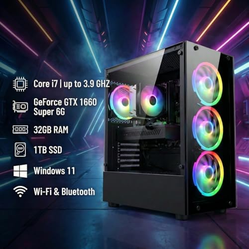 Image of STGAubron Gaming PC Desktop Computer, Intel Core i7 up to 3.9G, GeForce GTX 1660 Super 6G, 32GB RAM, 1TB SSD, WiFi, BT 5.0, RGB Fan x4, Windows 11 Home