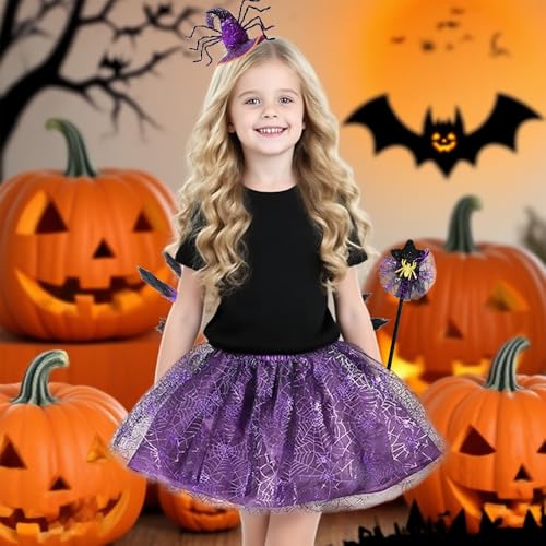 RURIZHONGTIAN Spinnenkostüm Kinder, Halloween Kostüm Kinder Spinne, Spinnen Verkleidung mit Tüllrock, Spinne Haarreifen und Plüschspinne, für Halloween Cosplay Karneval Mottoparty