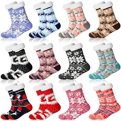 Handepo 12 Pairs Fluffy Thermal Slipper Socks with Grippers Non Skid Knit Christmas Sock Soft Winter Thick Socks for Women (Cute Style)