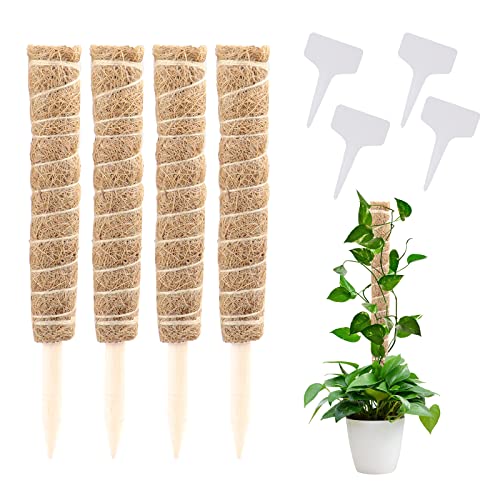 SanLead 4 Piezas 40 CM Tutores para Plantas,Tutor Plantas con 4 Etiquetas de Plantas,Palo de Palma de Coco Adecuado para Plantas de Interior Trepadoras/Plantas Trepadoras/Monsterella Cover