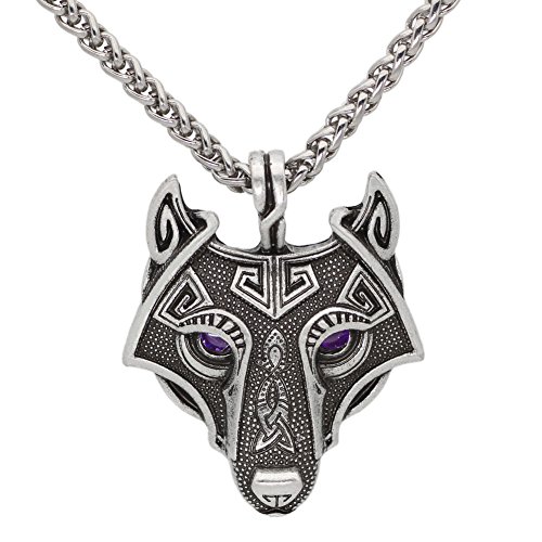 Vikings - Collar con colgante de lobo vikingo de plata envejecida, cadena de metal con deslumbrantes ojos morados