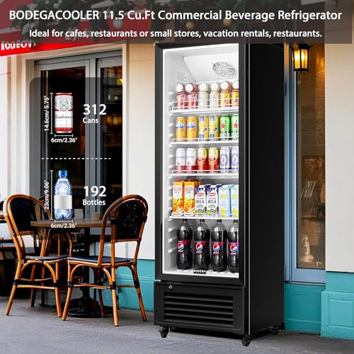 BODEGACOOLER Commercial Beverage Refrigerator and Cooler, 11.5 Cu.Ft Commercial Refrigerators Glass Door Fridge for Bar, drink, Commercial Merchandiser Refrigerator with 312 cans & 192 bottles.