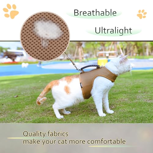 Image of Kitty Harness and Leash for Walking Escape Proof Breathable Mesh Fabric, Solid Brown, X-Small, Adjustable Cat Walking Jackets with Handle, Padded Stylish Cat Vest