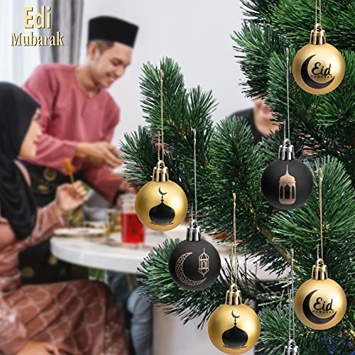 24 Pcs Ramadan Ornament Ball, 1.57" Black Gold Eid Mubarak Hanging Balls, Ramadan Mubarak Ornaments For Islamic Muslim Tree Party Decor #TOP3