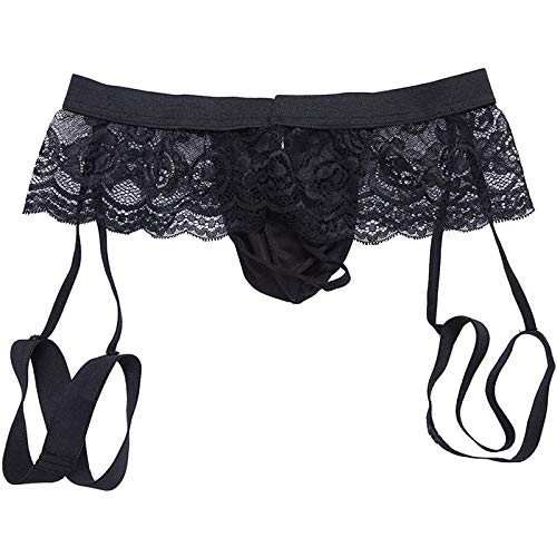 Taikmd Men's Sissy Panties Lace Floral G String Thong T-Back Garter Pants Underwear (Black, X-Large) #TOP3