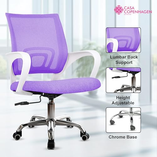 Image of Casa Copenhagen Mesh Mid Back Office /Study /Computer /Revolving /Desk Chair for Work from Home -Metal Base, Height Adjustable Seat- Purple & White Handle
