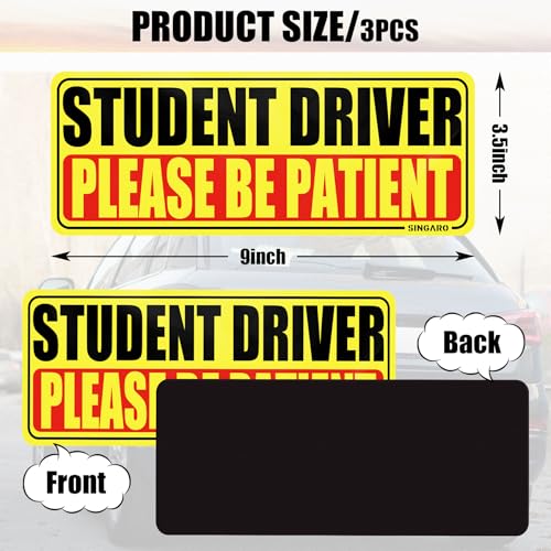 Image of SINGARO Student Driver Magnet for Car - Please Be Patient, 3Pcs Magnetic Reflective Novice Sticker, New Driver Decal, Removable Exterior Car Accessories
