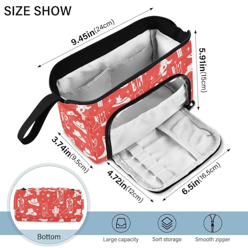 Image of Western Cowboy Red Pencil Case Pouch Big Capacity Pencil Bag Box Organizer Pen Case with Compartmens Stationery Organizer for Girls Boys Women Kids Adults School