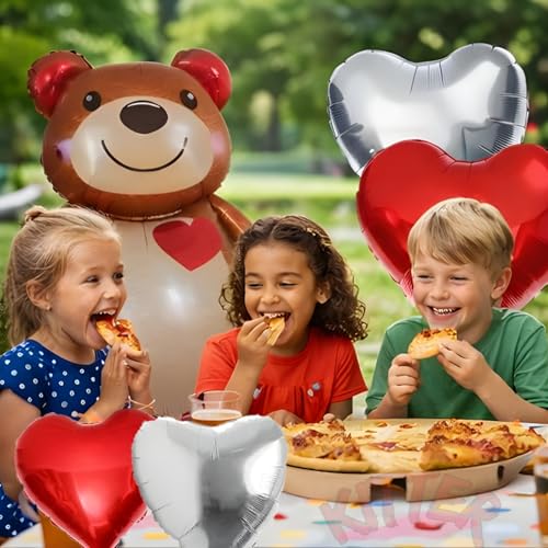 Image of KITTER Bear Theme Birthday Party Decoration Kit, Birthday Decor Foil Balloons Set for Boys Girls Kids, Set of 5 Pieces | Includes 1 Big Bear, 2 Red Hearts & 2 Silver /Chrome Colour Foil Balloons