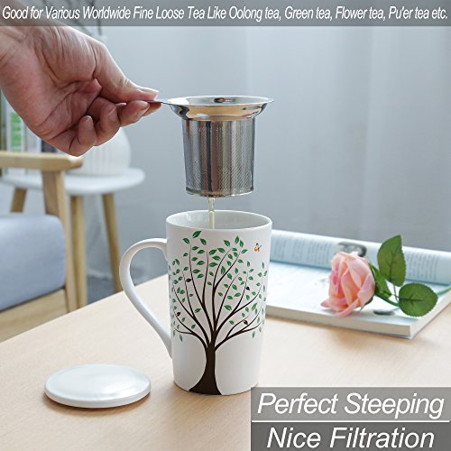 TEANAGOO Ceramic Tea Mug With Infuser and Lid and Handle, 18 Oz, Green Tree, M58-3 Women Filter Tea Cup Steeper, Brewing, Brewer Metal Diffuser Defusers Tea Drinkers Set Gifts Taza De Infusor De Té