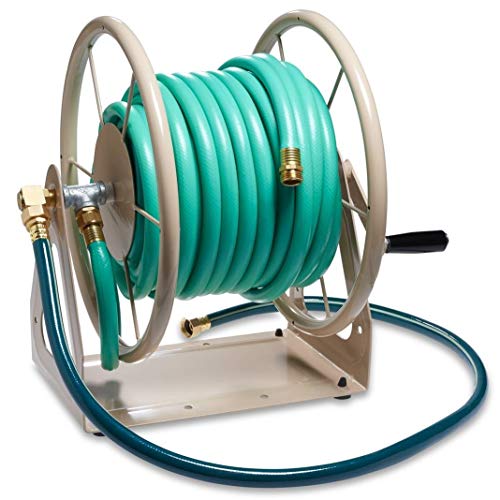 Image of Liberty Garden Products 703-2 Multi-Purpose Steel Garden Wall /Floor Mount Hose Reel, Tan Poly, 5 /8-Inch