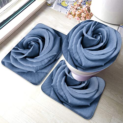 Badezimmerteppich-Set, 3-teilig, Blaue große Rosenblume, waschbare Badteppiche, rutschfest, mit Rückenpolster, Konturteppich und Toilettendeckelbezug