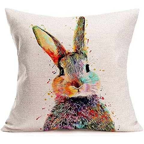 Doitely Colorful Bunny Rabbit Throw Pillow Covers Cotton Linen Lovely Animals Pillow Covers Spring Easter Home Decor Pillow Cases Cushion Cover for Sofa Couch 18 x 18 Inch (Watercolor Rabbit) Cover