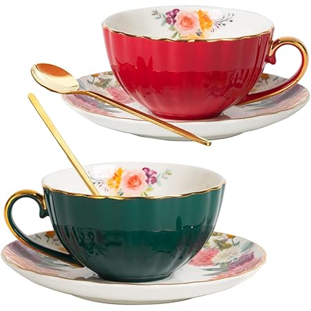 Tea Cup And Saucer,8 Oz Porcelain Coffee Cup Royal Ceraic Floral Lined - View #7