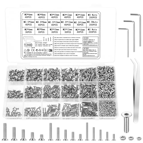wugongshan 1200 Pcs M2/M2.5/M3 Countersunk Head Screws Bolts and Nuts Set, Flat Head Hex Socket Head Cap Machine Screws Bolts and Nuts Kit for Furniture Baby Crib Headboards Chairs