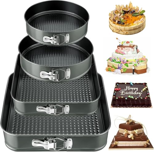 NCKIHRKK 4er-Set Springform, 16/20cm Kuchenform Rund und 22/26 Kuchenform Eckig, Carbonstahl Antihaftbeschichtete Backform Rund Rechteckig mit Abnehmbarem Boden, Grau