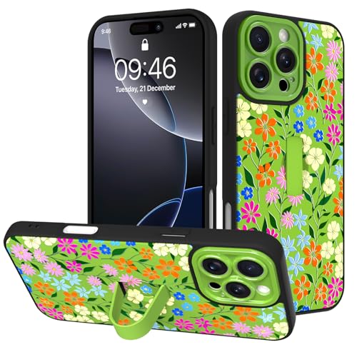Image of for iPhone 16 Pro Max Case with Finger Strap Holder, Cute Colorful Floral Flower Print Pattern Design for Women Girls, Shockproof Anti Scratch Hand Kickstand Protective Cover, Green