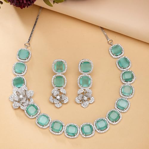 Image of ZENEME Jewellery Set Classic Style Rhodium Plated AD /American Diamond Studded Silver Plated Bejeweled Rose Necklace Jewellery Set for Women & Girls