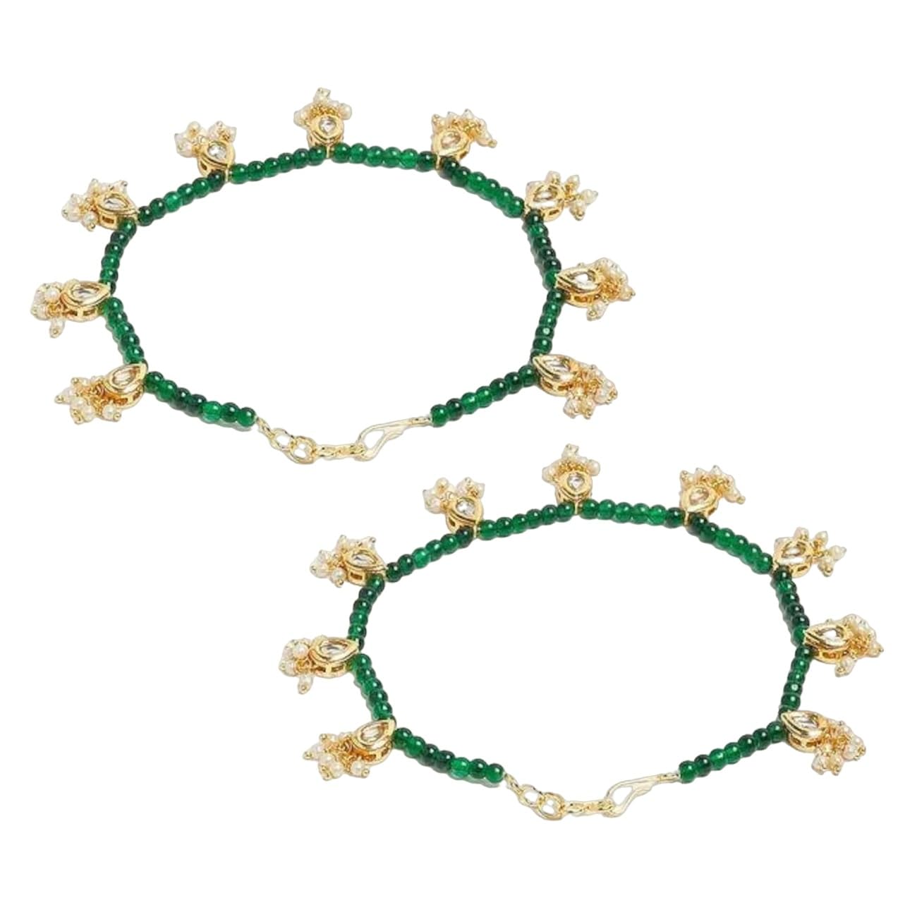 INDIA - Traditional Kundan & Emerald Green Color Glass beads Payal for Women & Girls Delicate Antique Gold Plated Anklets Indian Payal Golusu boho jewelry Delicate Chain Set of 1 Pair-image-46