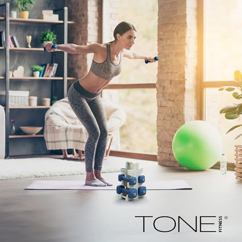 Image of Tone Fitness Neoprene Dumbbell Set with Storage Rack - Non-Slip, Anti-Roll Hand Weights for Home Gym Workouts | 20 lb, 32 lb, 50 lb, 60 lb & 100 lb Options